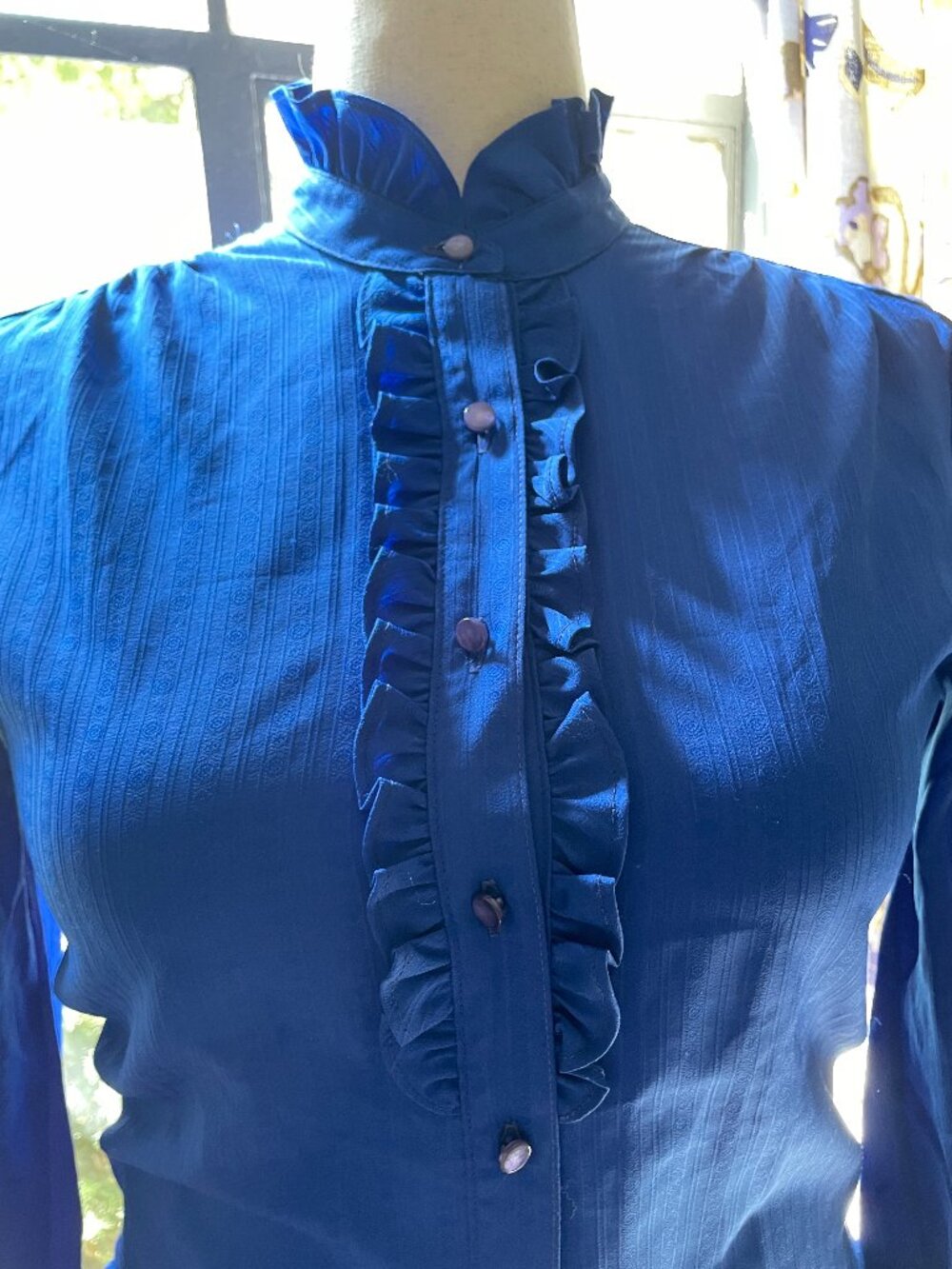 1980s Vintage Victorian Sz L Button Up High Neck Ruffle Poet Blouse Edwardian